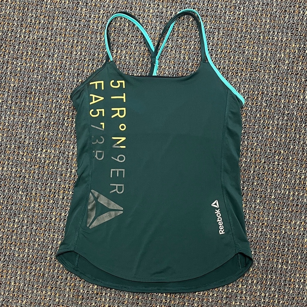 Reebok Women's Dark Teal Tank Top with Yellow Accents